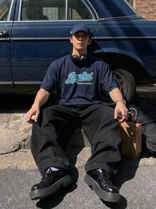 DAZY 海軍藍短袖字母印花男士T恤 - 藏蓝色 - 查看 4