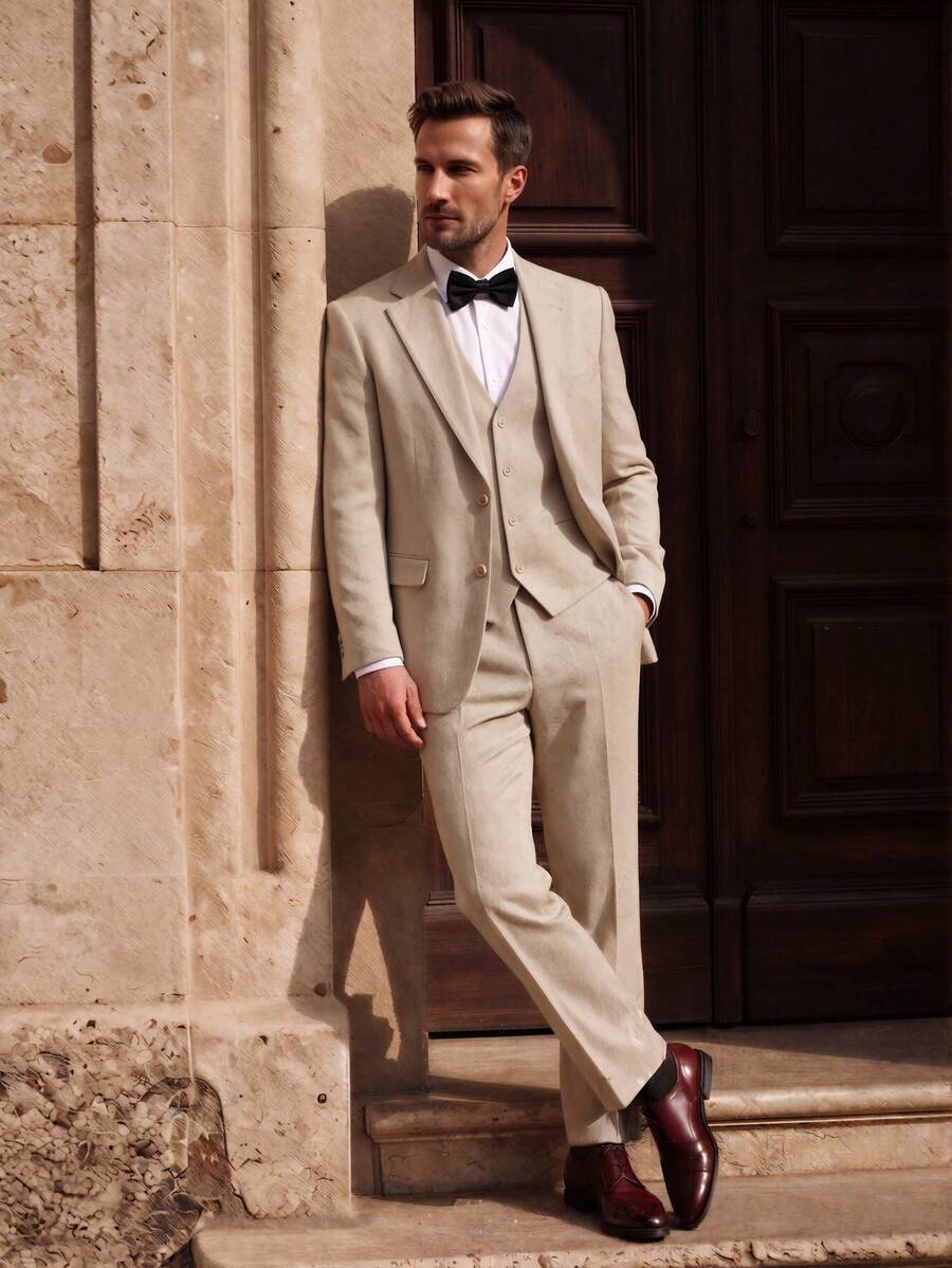 Officeau Bộ vest nam 3 món vải tweed xương cá thu đông, màu trơn, kiểu dáng ôm sát, áo khoác đơn cài khuy, áo gile và quần tây, phù hợp cho các buổi dạ hội, tiệc tùng và các dịp khác, thể hiện phong cách quý ông cổ điển. - Rượu sâm banh - Xem 1