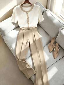 GlowEve CURVE Plus Size Women's Round Neck Short Sleeve Top And Pants Casual Two Pieces Set - Khaki - View 3