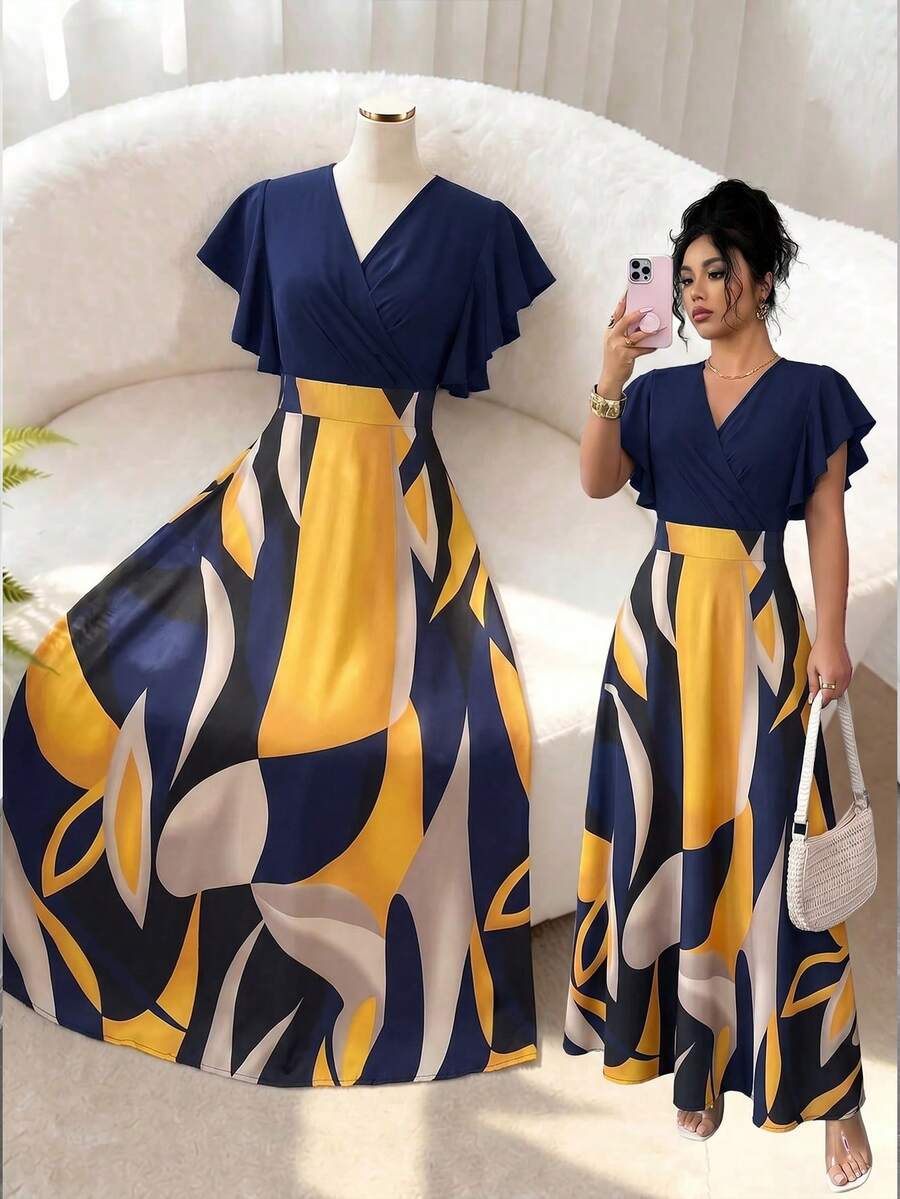 Elenzga Women's Spring/Summer Exquisite Elegant Burgundy Red Leaf Pattern Design Pleated Design Flutter Sleeve Design Fitted Slim Fit Flare Long Dress - Multicolor - View 1