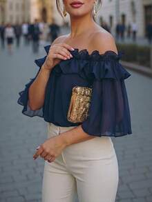 Velvienne Áo blouse nữ size lớn dệt kiểu regular fit mùa hè phong cách Pháp vintage thanh lịch đi làm trễ vai bèo nhún voan chiffon tay ngắn màu xanh - Nhiều màu - Xem 6