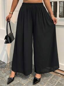 Dazy Plus Plus Size Solid Color Simple Loose Wide Leg Pants Culottes, All Season,Fall Clothes,Teacher Pants - Black - View 11