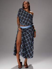 Rustia Plus Size Spring/Summer Plaid Asymmetric Neck Top And Slit Skirt 2-Piece Set - Blue - View 7