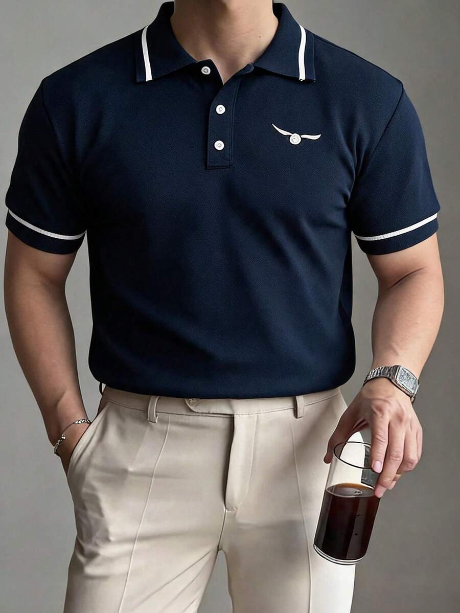 DAZY Navy Blue Patterned Print Polo Shirt With Branded Label Design, Summer - Navy Blue - View 1