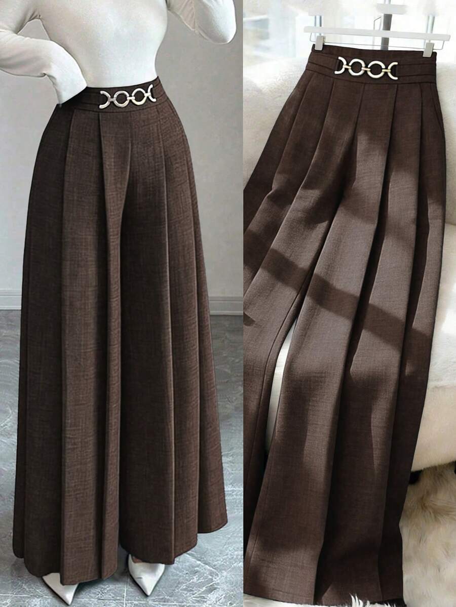 Elenzga New Women's High Waist Side Zipper Decor Button Design Wide Leg Pants, Elegant Casual Daily Wear, Spring/Autumn - Brown - View 1