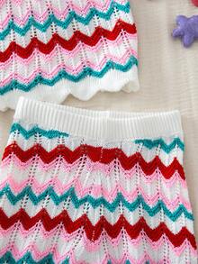SHEIN 2pcs Young Girl Knitted Striped Colorblock Ruffle Collar Casual Top And Shorts Set - Red - View 9