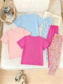 2pcs/Set Girls' Casual Chic Bowknot Leopard Print Pattern T-Shirt And Leggings Outfit, Comfortable Daily Wear For Spring, Summer And Autumn - Multicolor - View 2