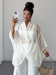 Maweii Plus Size Women's Sheer Criss-Cross Plaid Print Fashion Top - White - View 6
