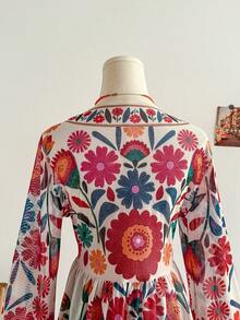 Soleia 女款復古碎花印花V領長袖喇叭袖前綁帶A字版型上衣，適合派對、聖誕節、約會、夜店、波希米亞風、度假、秋季 - 杏色 - 查看 3