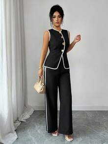 Conjunto de 2 piezas elegante estilo francés con botón con diseño de flor para tiempo libre/commuter para mujer - Blanco y Negro - Ver 4