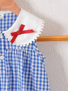 SHEIN Elladie kids 女童休閒藍色格紋洋裝，甜美3D蝴蝶結、荷葉邊飾、圓領開胸設計，優雅適合日常穿著、度假與通勤 - 藍色 - 查看 7