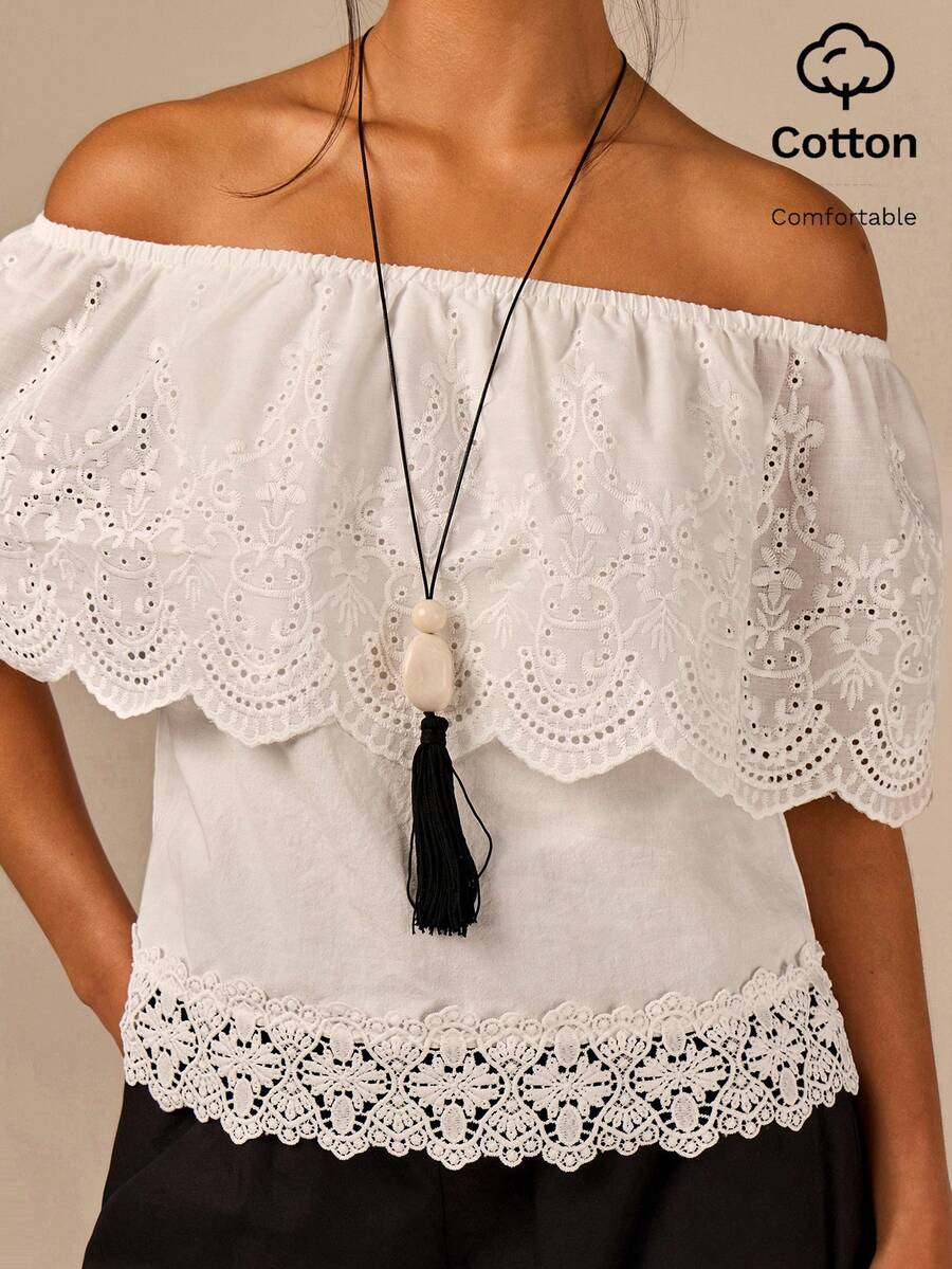 Athîral Women's Vacation Casual Tropical Sexy Elegant Boho White Off-Shoulder Hollow Embroidery Shirt For Summer Holiday Outfits Golf Beach - White - View 1