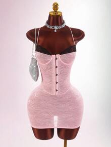 Amplova Lace Patchwork Sleeveless Spaghetti Strap Backless Bodycon Bandage Mini Dress For Women - Pink - View 8