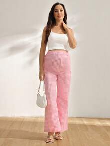 SHEIN Pink Vertical Striped Casual Wide Leg Pants, Elastic Waist Drawstring Design, Draping Slimming, Versatile Maternity Pants Gender Reveal Autumn - Pink - View 6