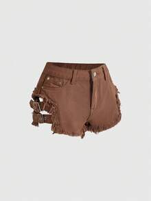 ROMWE Shorts vaqueros de mujer de cintura baja, estilo Y2K Millennium, sexy, minimalista, casual, urbano, con dobladillo deshilachado y cordones, para primavera/verano - Marrón - Ver 5
