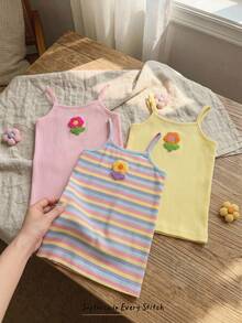Cozy Pixies Baby Girls 3-Piece Knit Striped&Solid Floral Dress Set,Cute Vacation Style,Spaghetti Strap Fitted Suitable For Spring/Summer Outings, - Multicolor - View 3