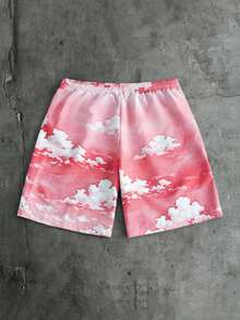 AXEPEAK Conjunto de camisa de solapa de un solo pecho con patrón de edificio y pantalones cortos para hombres - Rojo - Ver 8