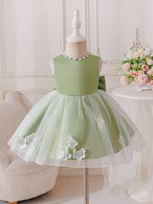 Glamorique Kids Vestido verde de cetim sem mangas para bebês meninas com decoração floral 3D, bordados feitos à mão com miçangas, laço nas costas, ideal para daminhas de honra em aniversários, casamentos e festas. - Verde - Ver 5
