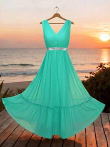 SHEIN LUNE Women's Chiffon Dress, Elegant Beach Vacation Style For Spring And Summer - Aqua Blue - View 8