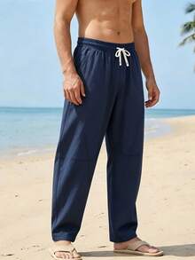 Manfinity Dauomo Pantalones largos casuales versátiles de unicolor para vacaciones para hombres - Azul Marino - Ver 1