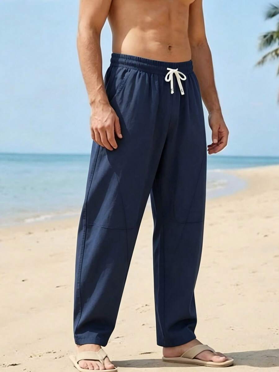 Manfinity Dauomo Pantalones largos casuales versátiles de unicolor para vacaciones para hombres - Azul Marino - Ver 1