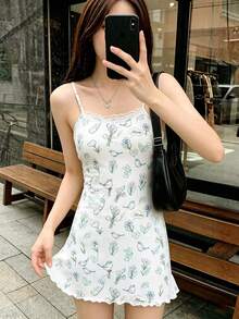 INAWLY Cute Bird Print Contrast Lace Camisole Dress - Multicolor - View 1