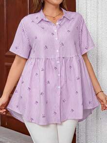 EMERY ROSE Plus Size Open Front Raglan Short Sleeve Striped Bow Print Smock Shirt - Purple - View 4