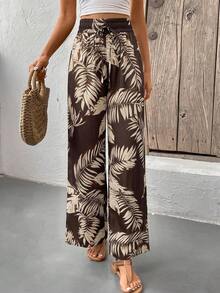 SHEIN Frenchy Women's Casual Vacation Style Tropical Plant Print Drawstring Waist Loose Wide Leg Long Pants - Brown - View 4