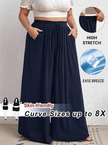 SHEIN CURVE+ 大尺碼高腰寬腿褲，附腰帶、側口袋、羅紋面料、黑色，適合度假、優雅休閒場合、基本搭配、夏季、海灘假期、波西米亞節慶波西米亞度假 - 藏蓝色 - 查看 1