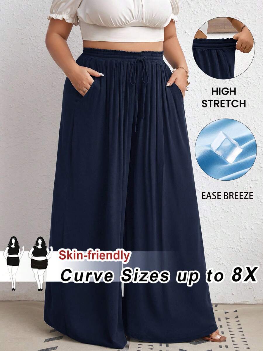 SHEIN CURVE+ 大尺碼高腰寬腿褲,附腰帶、側口袋、羅紋面料、黑色,適合度假、優雅休閒場合、基本搭配、夏季、海灘假期、波西米亞節慶波西米亞度假 - 藏蓝色 - 查看 1