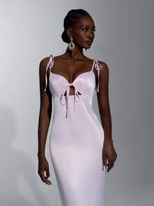 Elitara Elegant, Simple, Minimalist, Light Pink, Matte High-Elastic Satin, Handmade Bow, Back Appliqué, Halter Neck, Sexy V-Neck, Deep Backless Design, A-Line Skirt, Long Style. Suitable For All Weddings, Formal Occasions, Dates, Parties, Birthday Parties, And Bridesmaid Dresses. - Baby Pink - View 7