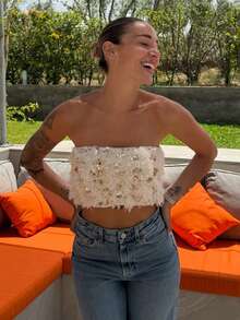 Mélanie ORL Áo bandeau đính sequin và lông vũ cho nữ, Thu/Đông - Màu be - Xem 5