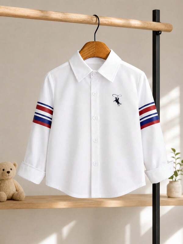 Young Boy Casual Solid Color Long Sleeve Shirt, Delicate Small Logo Decor, Striped Contrast Cuff Design, Paired With Casual Pants, Suitable For Daily Casual, Back To School, Travel, Party, Holiday And School Wear, Fit For Spring And Autumn Season