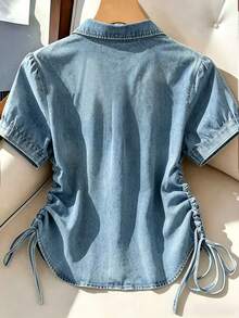 Franclia Camisa casual de uso diario para mujer con efecto lavado, cordón lateral, botones delanteros y manga corta - Multicolor - Ver 2
