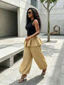 BamGleam Women's Classic Plaid 2 In 1 Set, Ruffle Trim Patchwork Loose Cuffed Casual Long Pants - Coffee Brown - View 4