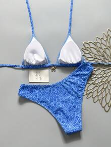 Swim Mod 2026 Spring/Summer Women's 2-Piece Swimsuit Set, Fashionable Fresh Sweet Pure Style, Slimming With Floral Decor, Suitable For Hot Spring Resort Bikini - Blue - View 2
