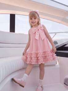 Elladie kids Young Girls' Summer Lotus Cerise Pink Fairy Princess Dress,7th Birthday Sweet Big Bow Round Neck Layered Mesh Party Dress Suitable For Daily Wear - Pink - View 1