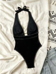 Bonvoyette Springbreak Swim SXY 女款黑色深V掛脖性感連身泳衣 節慶波希米亞風 - 彩色 - 查看 2