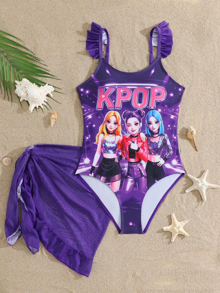 SHEIN Tween Girl Floral Print Shoulder Strap Ruffle Design One-Piece Swimsuit, Suitable For Swimming, Vacation, Beach In Summer - Purple - View 1