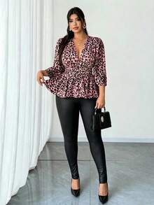 Elenzga Plus Size Women's Leopard Print V-Neck Casual Versatile Everyday Outing Shirt - Baby Pink - View 2