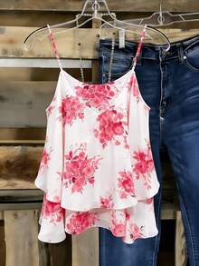 EMERY ROSE Women's Woven Summer Fashion Printed Slim-Fit Resort Wear, White And Pink Vest Vacation Boho - Red - View 2