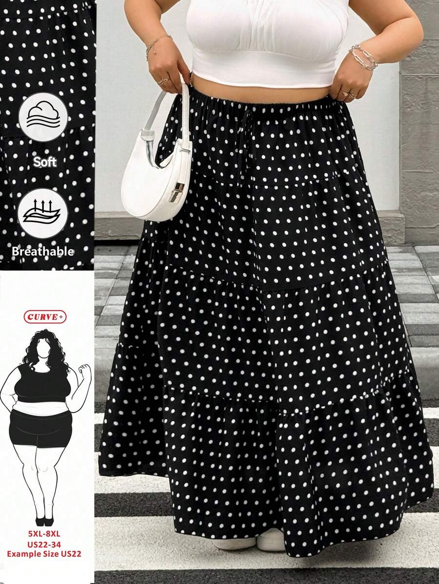 SHEIN CURVE+ 大尺碼女款黑白波點印花鬆緊腰裙 秋季 正式 度假 波希米亞休閒風 - 黑色 - 查看 1