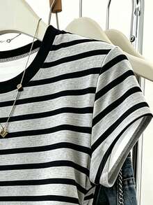 Teen Girls Black Striped & Graphic Print Knit T-Shirt,Casual Summer Tee For Graduation,Spring Personalized Graphic Tee,Comfortable Back To School Wear - Multicolor - View 4