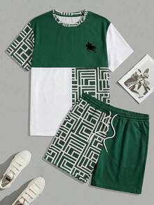 Sorvial Men's Colorblock Patchwork Geometric Print T-Shirt And Shorts Set, Holiday - Green - View 2