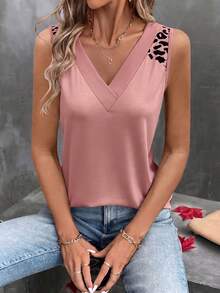 EMERY ROSE Fashion Casual Basic Retro Pink Shoulder V-Neck Leopard Print Tank Top - Multicolor - View 4