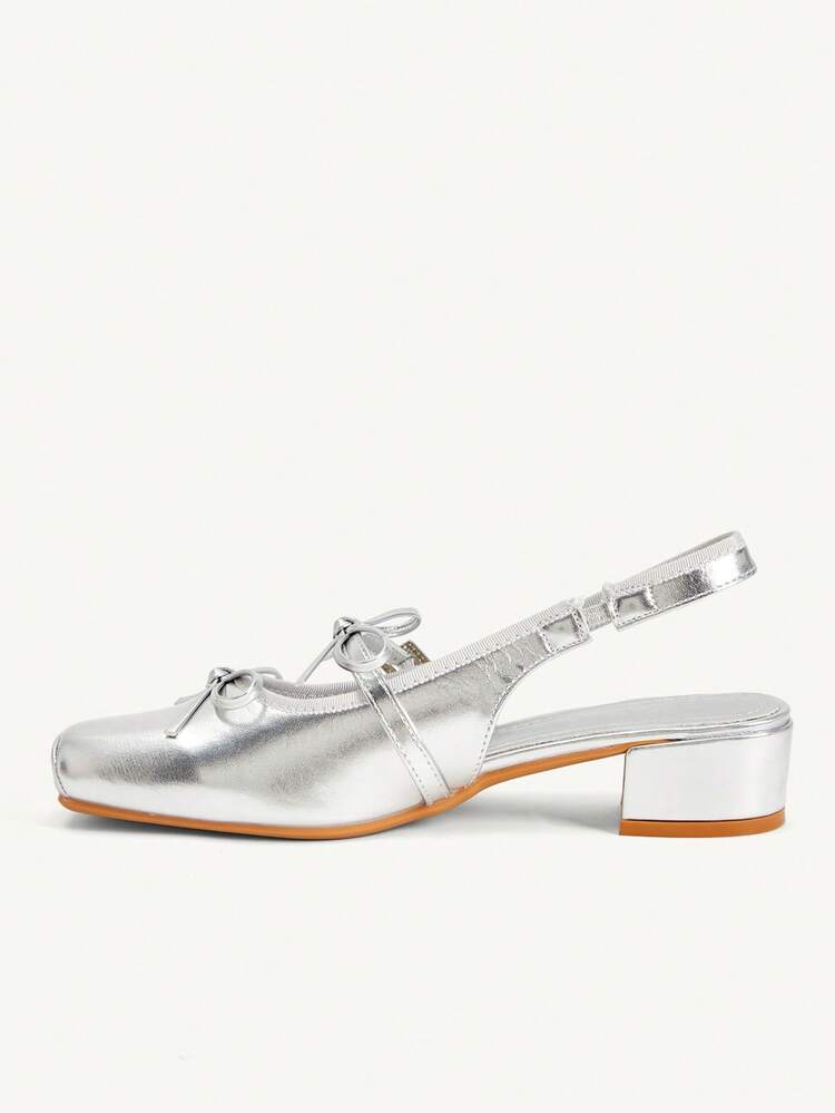 CUCCOO CHICEST Women Shoes Spring And Summer New Double Bow Diamond Buckle Elegant Sexy Square Toe Thick Heel Short Heel Cute Gorgeous Silver Women High Heel Shoes Party Commute