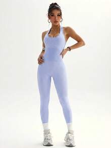 SHEIN Sovereign Charm Seamless Knit Halter Backless Jumpsuit - Mauve Purple - View 2