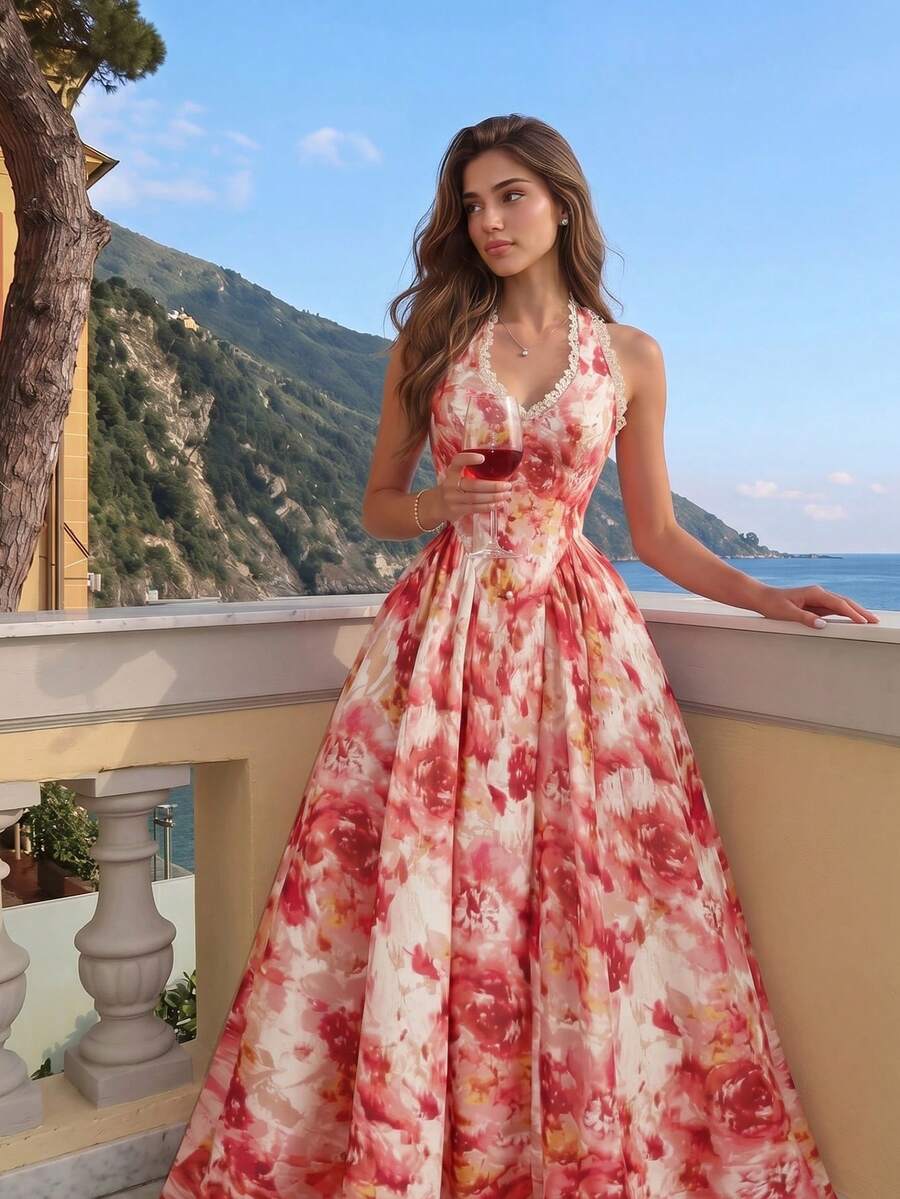 Skyraze Women's Elegant White Floral Chiffon Printed Summer Dress,Retro Tea Garden Party Prom Dress,Wedding Guest Date Night Vacation Beach Holiday Outfits - Multicolor - View 1