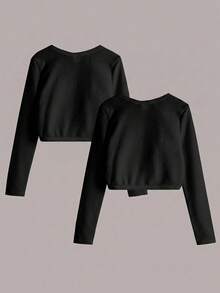 SHEIN Girlism 青少年女孩 2件/組 黑色休閒純色長袖開襟夾克，買1送1，秋冬穿搭 - 黑色 - 查看 2