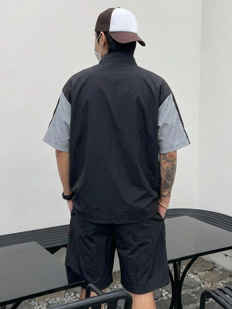 Short Sleeve Shirt Paired With Shorts, Raglan Sleeve Black Patchwork Contrast Color Men's Suit Set